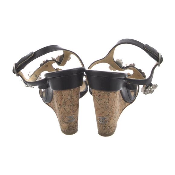 Chanel Black/Silver Camellia Leather Slingback Cork Platform Sandals 7 (37.5) - Picture 4 of 11